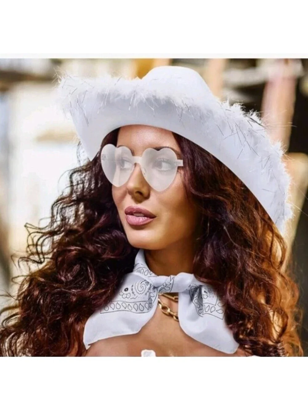 Feather Cowgirl Hat with Paisley Bandana & Heart Glasses 1-Set White